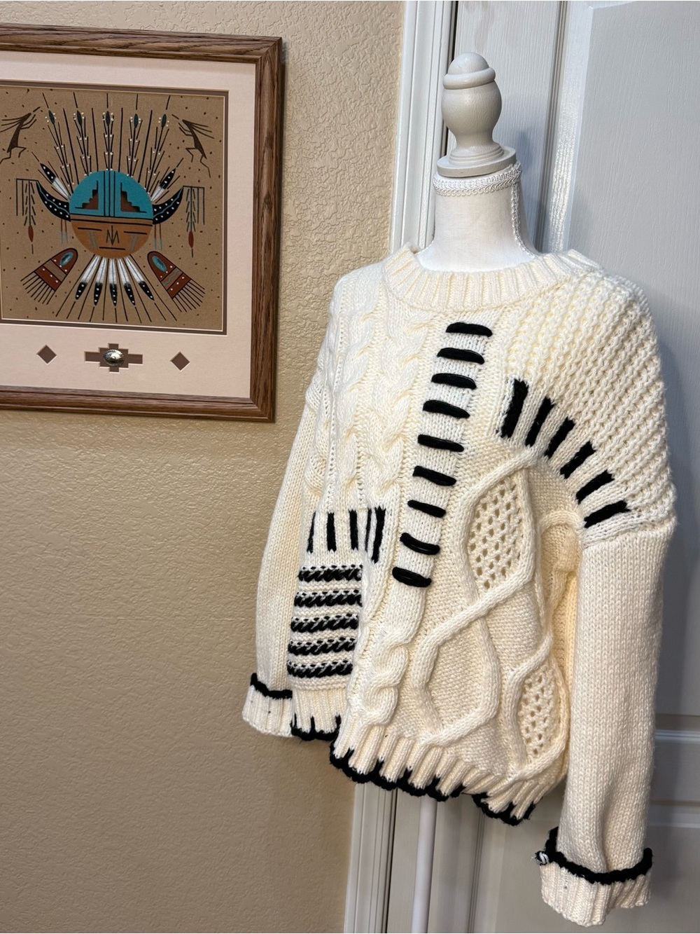 🌟 Grey Bandit Patchwork Chunky Cable Knit Sweater - Whipstitch/Cream&Black/Small